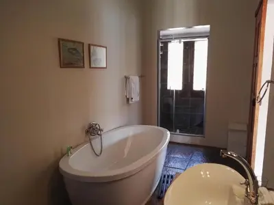 a bathroom with a large tub and a toilet at Nooitgedacht Trout Lodge in Lydenburg
