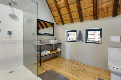 a bathroom with a shower and a toilet at The Bush House in Hoedspruit
