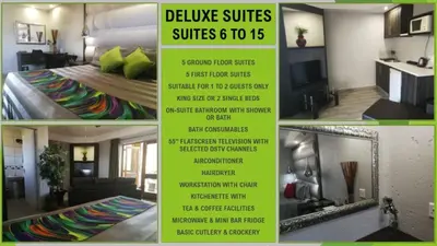 a flyer for a suite with a bed and a room at Bushmans Rock in Pretoria