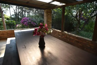 a vase of flowers sitting on a wooden deck at Molly's Cottage in Graskop