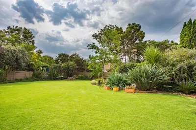 a yard with green grass and plants and trees at LeoZet Self catering apartment in Pretoria