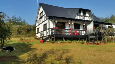 a black dog standing in front of a house at Woodcutters Guest House in Haenertsburg