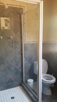 a bathroom with a shower with a toilet in it at Vivian's Cottage in Pretoria