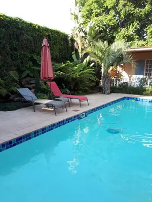 a swimming pool with a red umbrella and a chair and a swimming pool at Vivian's Cottage in Pretoria