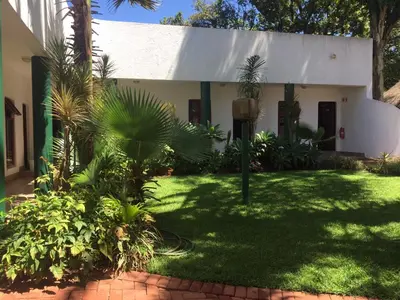 a house with a green yard with palm trees at Villa Grande Lodge in Louis Trichardt