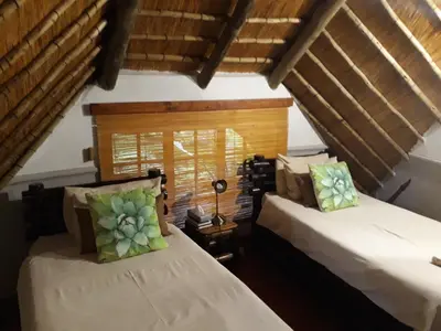 two beds in a room with wooden ceilings at Moholoholo Ya Mati in Kampersrus AH