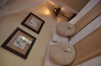 an overhead view of a bedroom with two beds with pillows at Moholoholo Forest Camp in Hoedspruit