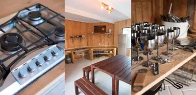two pictures of a kitchen with a stove and a counter at Route 40 in Hoedspruit