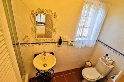 a bathroom with a sink and a toilet and a mirror at Lavender House in White River