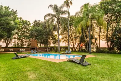 a swimming pool in a yard with palm trees at Sondela Nature Reserve & Spa Country House in Bela-Bela
