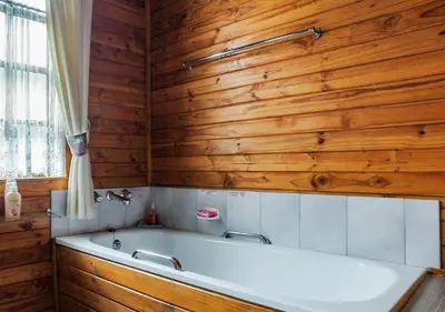 a bath tub in a bathroom with wooden walls at Viewpoint Lodge & Safari Tours in Hazyview