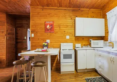a kitchen with white appliances and a table with stools at Viewpoint Lodge & Safari Tours in Hazyview