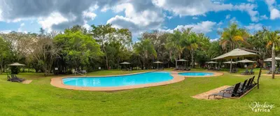 a swimming pool in a park with trees and umbrellas at Kruger Park Lodge Unit No 252 with private pool in Hazyview