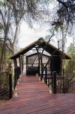 a wooden boardwalk with lights and a gazebo at Jock Safari Lodge in Skukuza