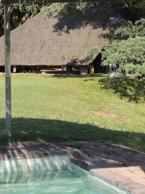 a thatch roofed building with a yard with a swimming pool at Karibu River Retreat in Marble Hall