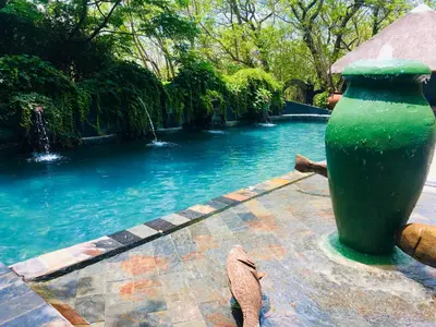 a green vase sitting next to a swimming pool at Shangri-La Country Hotel & Spa in Modimolle
