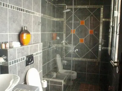 a bathroom with a shower with a toilet and a sink at Goodey's Guesthouse in Pretoria