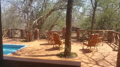 a group of chairs sitting around a tree on a patio at Marlothii Safari House in Marloth Park