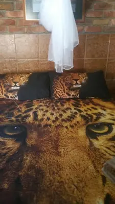 a bed with a painting of a tiger on it at Marlothii Safari House in Marloth Park