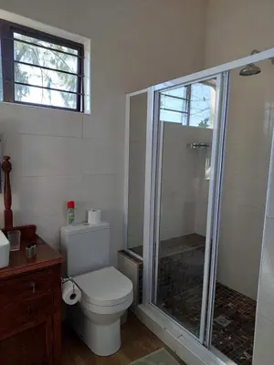 a bathroom with a toilet and a glass shower at De Mist Graskop in Graskop