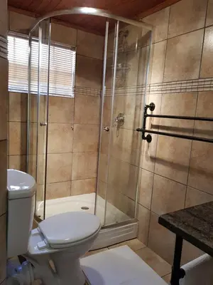 a bathroom with a shower and a toilet at Kington Guest Suite in Pretoria