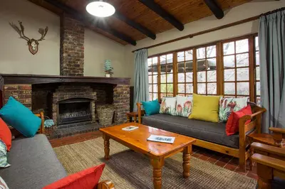 a living room with a couch and a fireplace at Rivendell Trout Estate in Lydenburg