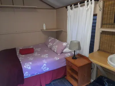 a small bedroom with a purple bed and a sink at 1322 Backpackers International in Pretoria