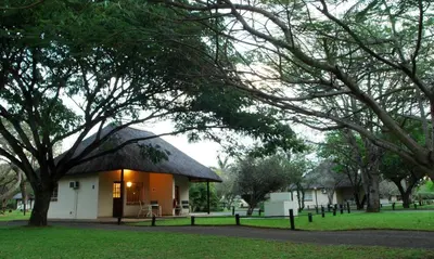 a building with a thatched roof in a park at Komati River Chalets in Komatipoort