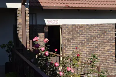 a brick building with a door with pink roses at Oasis Of Life Guest House in Witbank