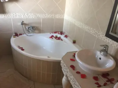 a bathroom with a tub and a sink with flowers on the floor at The Lazy Grape Guest Lodge & Spa in Benoni