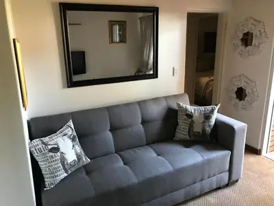 a gray couch in a living room with a mirror at 513 on Mulberry in Pretoria