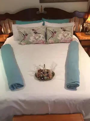 a plate of food on a bed with pillows at Sunninghill Sojourn in Kyalami