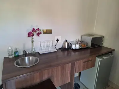 a bathroom counter with a sink and a microwave at Three Olives Guesthouse in Centurion