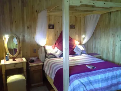 a bedroom with a canopy bed and a mirror at Yorkdale Cabin in Sabie
