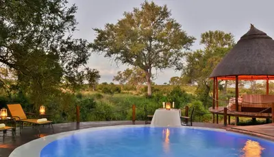 a swimming pool with a gazebo in a field at Hoyo Hoyo Safari Lodge in Mluwati Concession