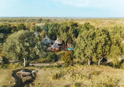an aerial view of a house in a field with trees at Hoyo Hoyo Safari Lodge in Mluwati Concession
