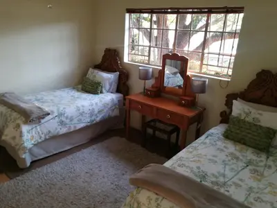 a bedroom with two beds and a mirror and a table at MacNut Bed and Breakfast in Nelspruit