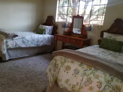 a bedroom with two beds and a mirror at MacNut Bed and Breakfast in Nelspruit