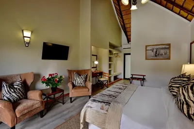 a bedroom with a bed and two chairs and a television at Mabula Game Lodge in Mabula