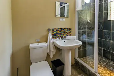 a bathroom with a toilet and a sink and a shower at Pumleni Guesthouse in Hartbeespoort
