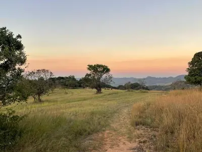 a dirt road in a field at sunset at @Nature Luxury Cottages in Nelspruit