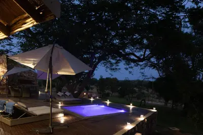 a swimming pool with an umbrella and a patio with lights at Sangasava Safari Lodge in Balule Game Reserve