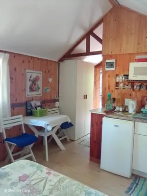 a kitchen with a table and a white refrigerator at Pumba's Lookout in Barberton