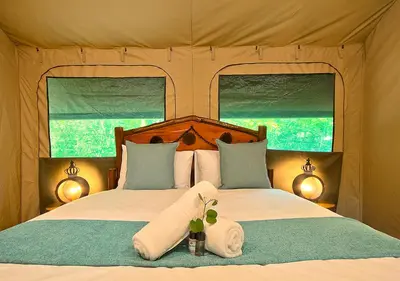 a bedroom with two beds and two windows at Kruger Adventure Lodge in Hazyview