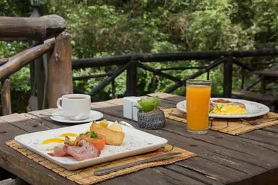a table with two plates of food and a glass of orange juice at Kruger Adventure Lodge in Hazyview