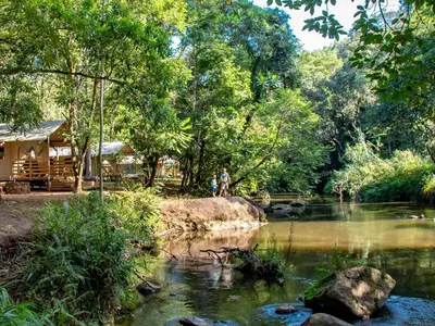 a person standing on a rock next to a river at AfriCamps at Mackers in Hazyview