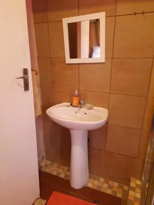 a bathroom with a white sink and a mirror at Ubuntu Guesthouse in Pretoria