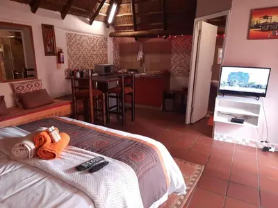 a bedroom with a bed with a television and a kitchen at Ubuntu Guesthouse in Pretoria