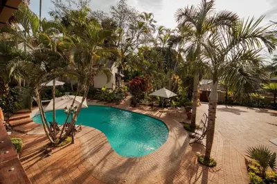 a swimming pool with palm trees in front of a house at Tamboti Lodge Guest House in Tzaneen