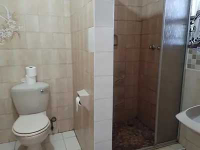 a bathroom with a toilet and a shower and a sink at Tokelo Guesthouse Emalahleni in Witbank